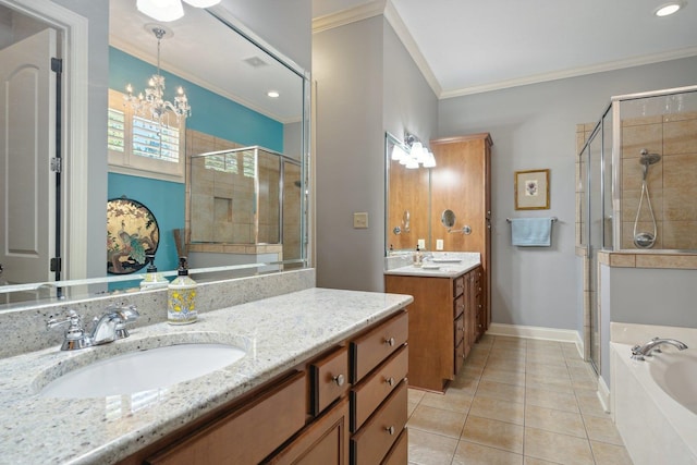 bathroom featuring vanity, shower with separate bathtub, an inviting chandelier, tile patterned flooring, and ornamental molding