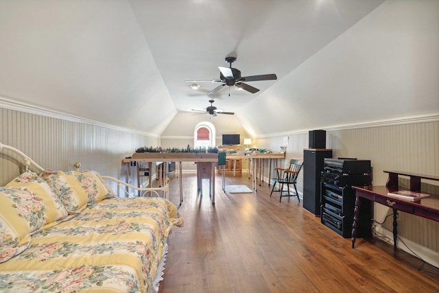 interior space featuring lofted ceiling, hardwood / wood-style floors, and ceiling fan