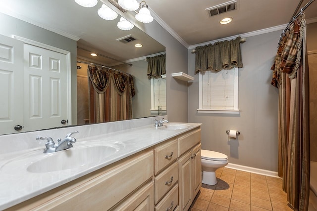 bathroom featuring vanity, toilet, ornamental molding, and tile patterned floors