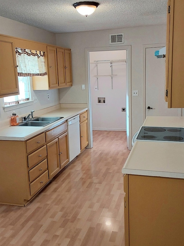 kitchen with sink, light hardwood / wood-style floors, a textured ceiling, and white appliances