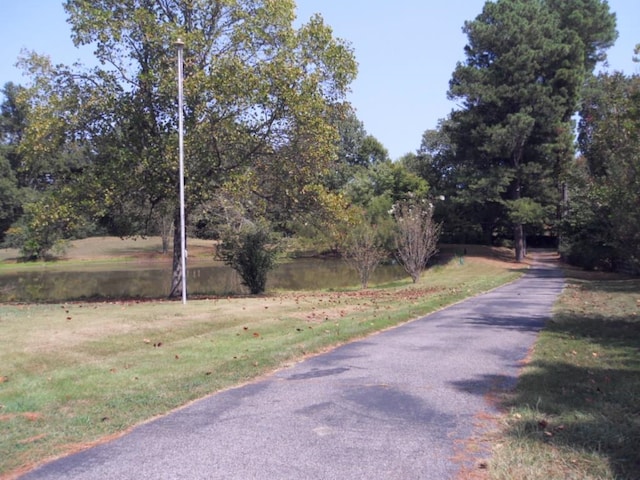 view of street with a water view