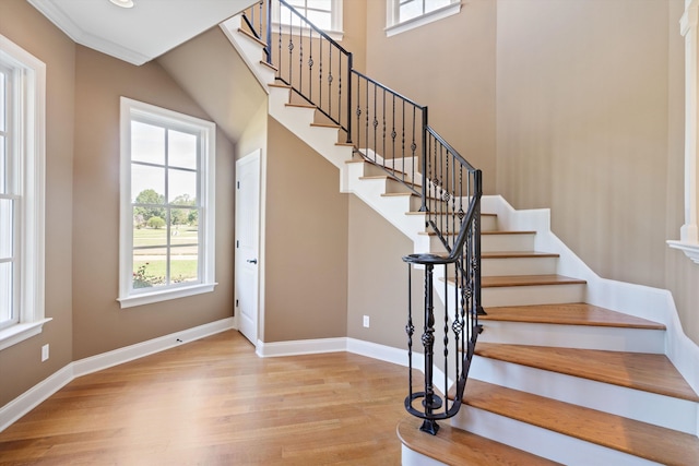 staircase with wood-type flooring