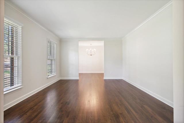 unfurnished room featuring crown molding, dark hardwood / wood-style flooring, and a healthy amount of sunlight