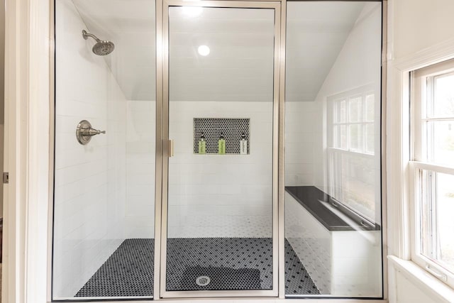 bathroom with vaulted ceiling and a shower with shower door