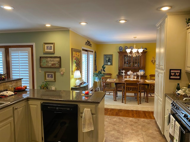 kitchen with range, light hardwood / wood-style flooring, pendant lighting, a notable chandelier, and dishwasher