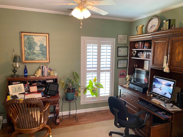 home office featuring crown molding, ceiling fan, and light hardwood / wood-style floors