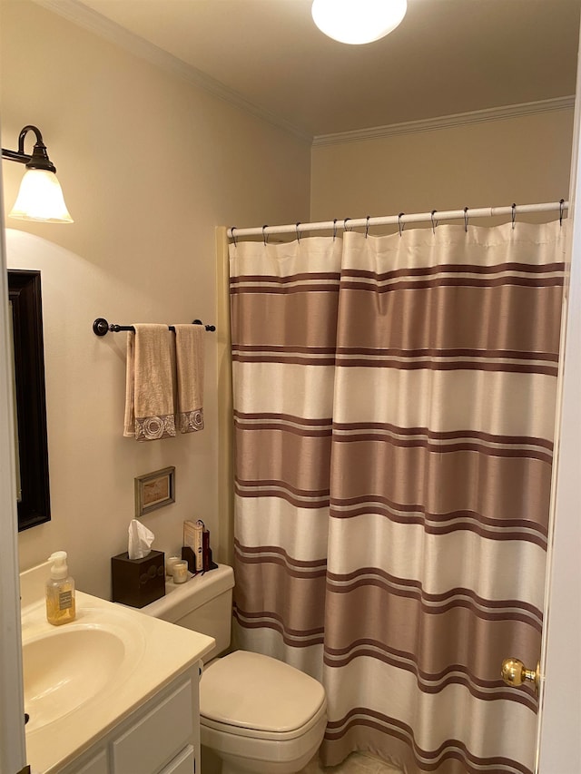 bathroom featuring ornamental molding, vanity, toilet, and a shower with curtain