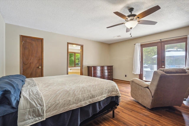 bedroom with hardwood / wood-style floors, a textured ceiling, access to exterior, ceiling fan, and french doors