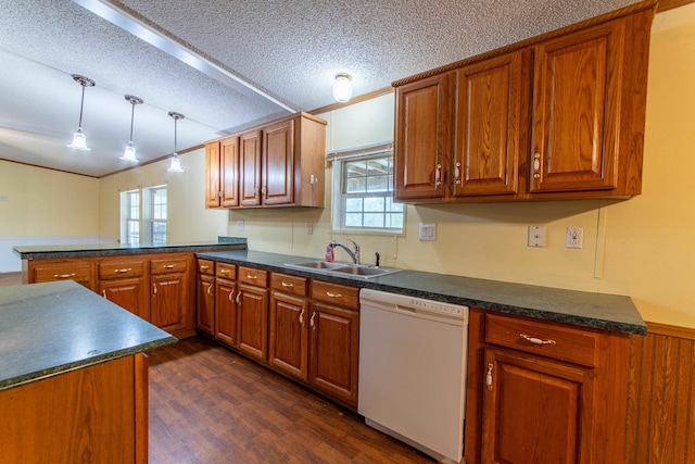 kitchen with decorative light fixtures, dark hardwood / wood-style flooring, white dishwasher, kitchen peninsula, and sink