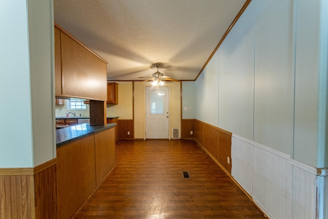 kitchen with a textured ceiling, wood walls, sink, ceiling fan, and dark hardwood / wood-style floors