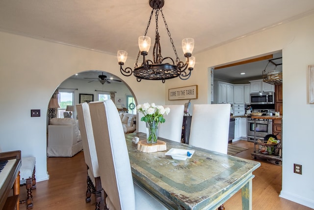 dining area featuring ceiling fan with notable chandelier, ornamental molding, and hardwood / wood-style floors