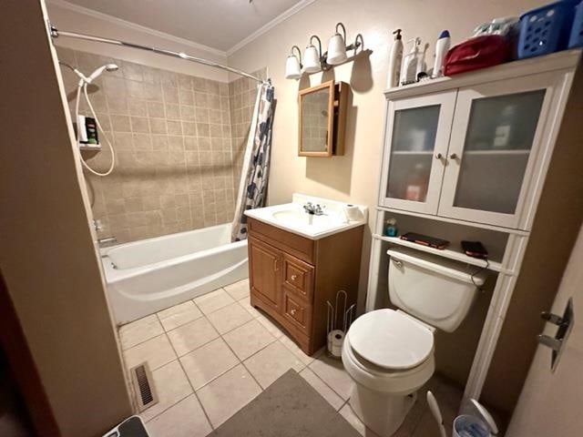 full bathroom with toilet, tile patterned floors, ornamental molding, vanity, and shower / bathtub combination with curtain