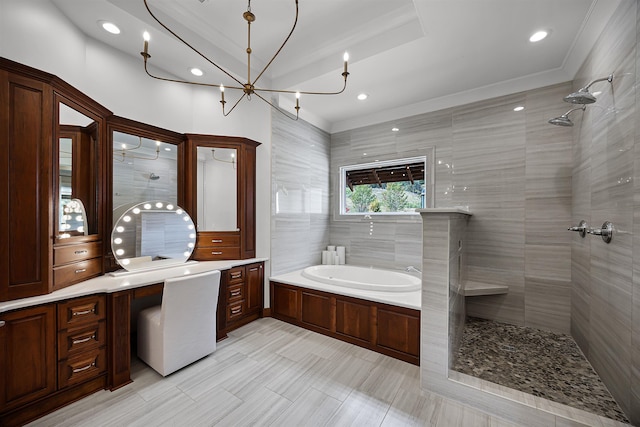 bathroom with vanity, a garden tub, ornamental molding, and walk in shower