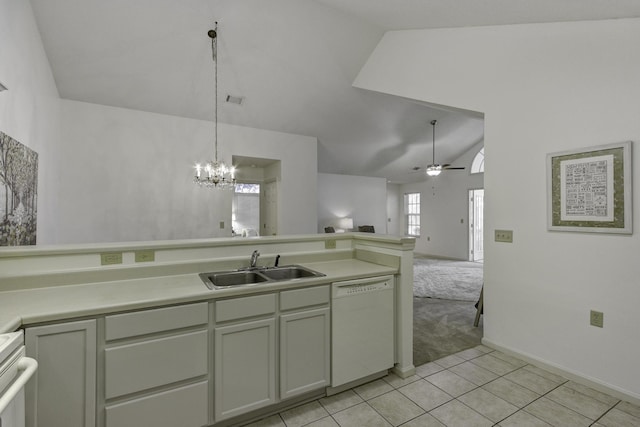 kitchen with open floor plan, dishwasher, vaulted ceiling, ceiling fan with notable chandelier, and a sink