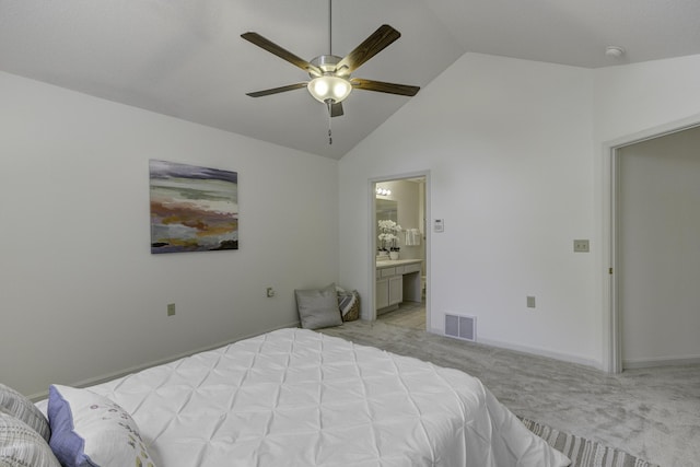 bedroom with visible vents, light carpet, ensuite bathroom, baseboards, and ceiling fan