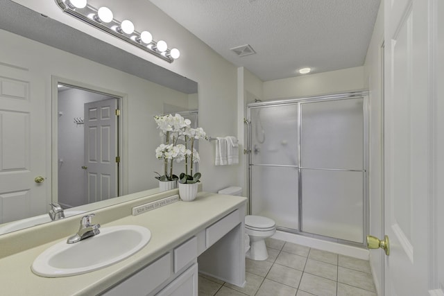 full bathroom with visible vents, toilet, a shower stall, and tile patterned flooring