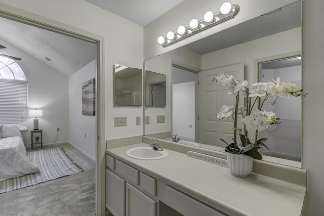 bathroom with vanity, vaulted ceiling, baseboards, and a textured ceiling