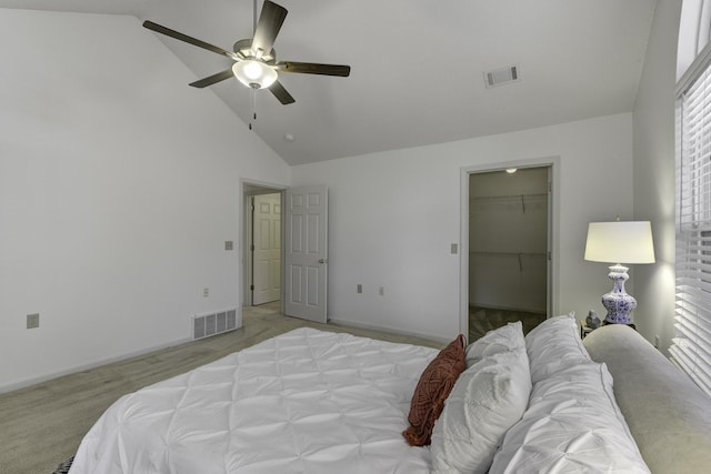 bedroom featuring visible vents, baseboards, carpet, and high vaulted ceiling