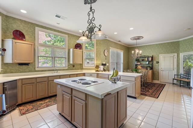 kitchen featuring a notable chandelier, light tile patterned floors, beverage cooler, a center island, and white electric stovetop