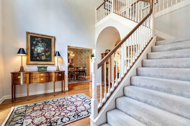 foyer entrance featuring a high ceiling and hardwood / wood-style flooring