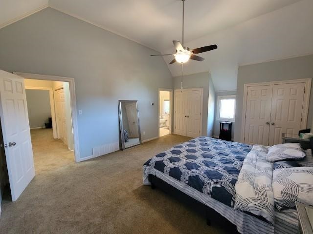 carpeted bedroom with high vaulted ceiling, ceiling fan, and radiator