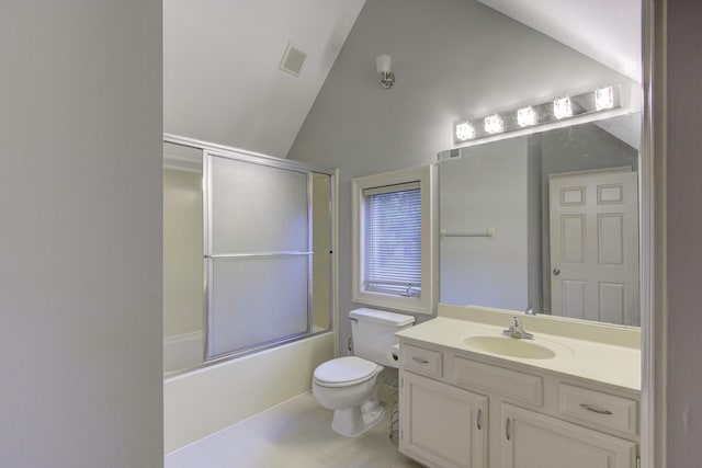 full bathroom with vaulted ceiling, toilet, enclosed tub / shower combo, and vanity