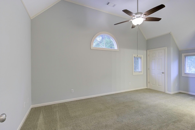 bonus room with vaulted ceiling, ceiling fan, and carpet