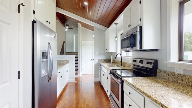 kitchen with white cabinetry, sink, wooden ceiling, appliances with stainless steel finishes, and hardwood / wood-style flooring