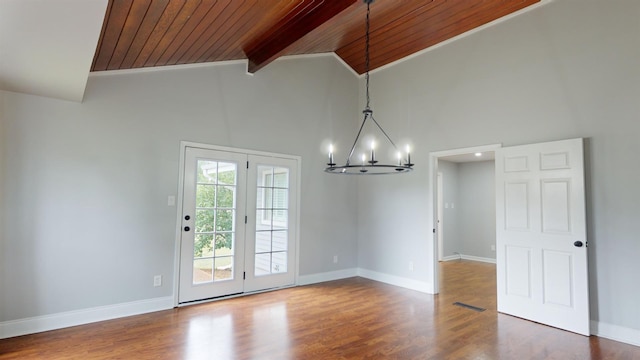 spare room with beamed ceiling, high vaulted ceiling, wood-type flooring, an inviting chandelier, and wooden ceiling