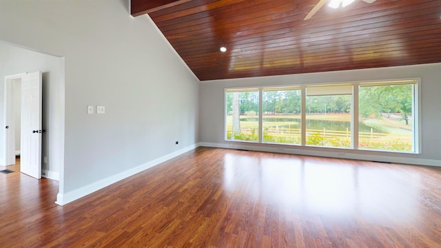 spare room featuring wooden ceiling, beamed ceiling, ceiling fan, dark hardwood / wood-style floors, and high vaulted ceiling