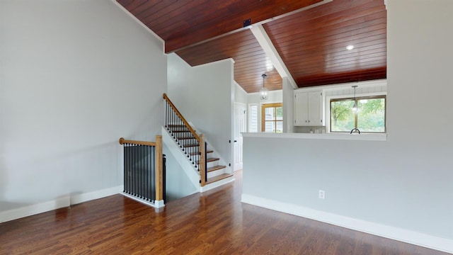 interior space with lofted ceiling, wood ceiling, and dark hardwood / wood-style floors