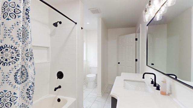 full bathroom with vanity, toilet, and shower / tub combo with curtain