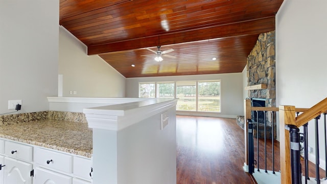 kitchen featuring wooden ceiling, a fireplace, hardwood / wood-style floors, ceiling fan, and white cabinets