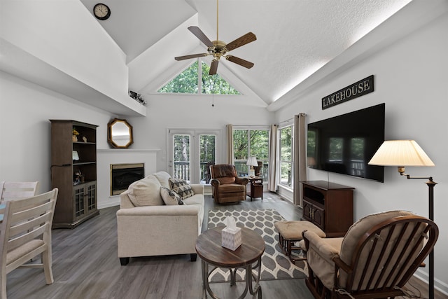 living room featuring high vaulted ceiling, hardwood / wood-style floors, and ceiling fan