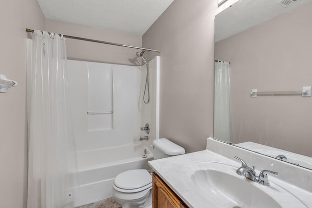 full bathroom with shower / bathtub combination with curtain, a textured ceiling, vanity, and toilet