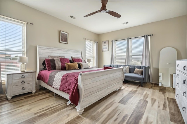 bedroom featuring ceiling fan and light hardwood / wood-style floors