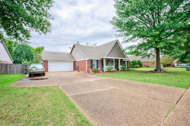 view of front facade featuring a garage, a porch, and a front lawn