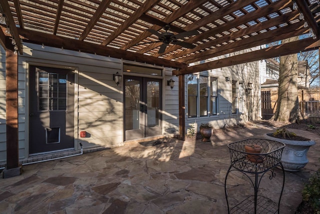 view of patio with french doors, a pergola, and ceiling fan