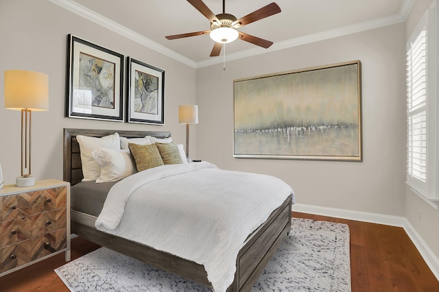 bedroom with multiple windows, crown molding, dark hardwood / wood-style floors, and ceiling fan