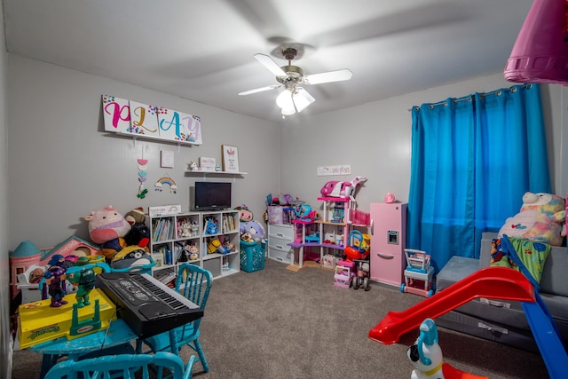 game room featuring ceiling fan and carpet