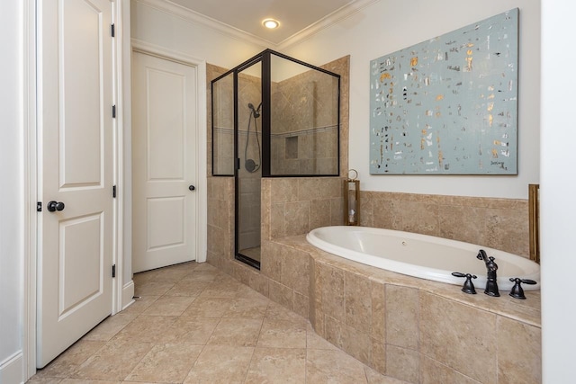 bathroom featuring shower with separate bathtub and crown molding