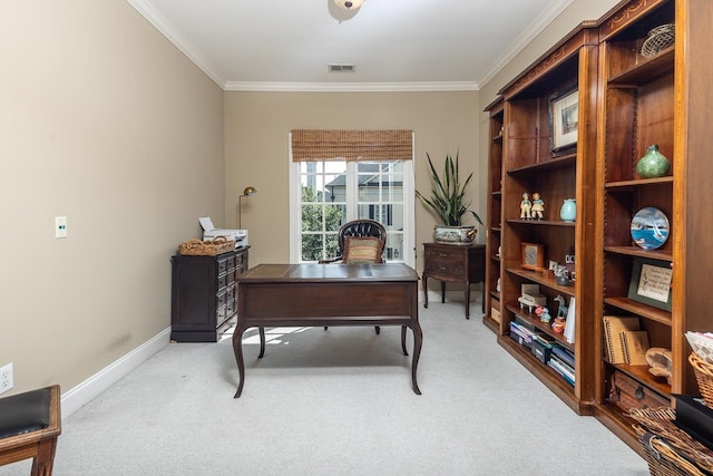 carpeted office space featuring ornamental molding