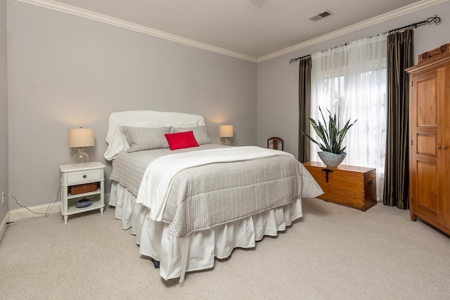 carpeted bedroom with crown molding