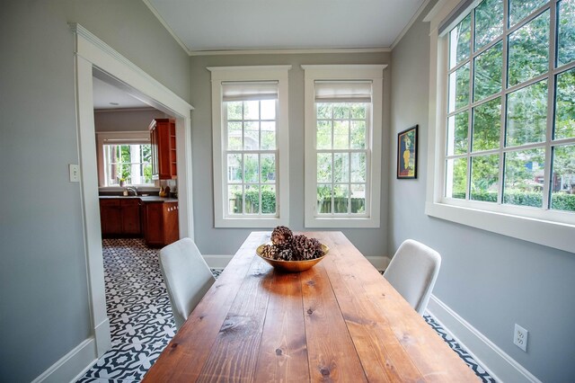 dining area with ornamental molding and a healthy amount of sunlight