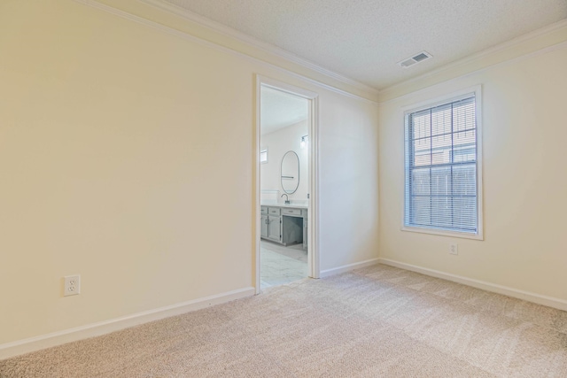 spare room featuring a textured ceiling, crown molding, and light colored carpet