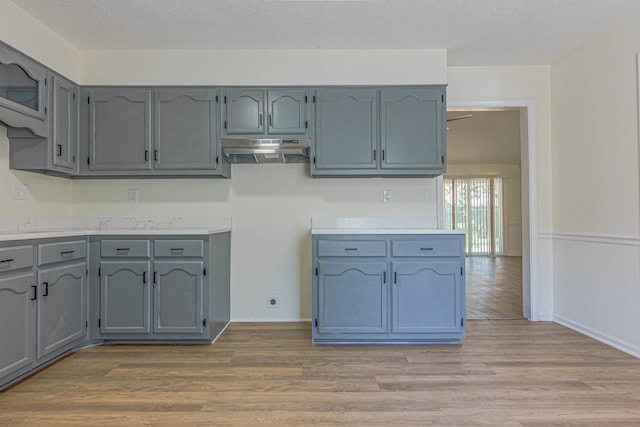 kitchen with wood-type flooring, gray cabinets, and a textured ceiling