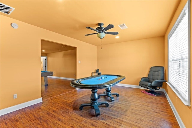 playroom featuring ceiling fan and hardwood / wood-style flooring