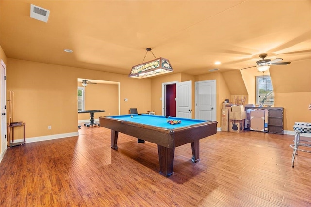 game room featuring pool table, hardwood / wood-style floors, and ceiling fan