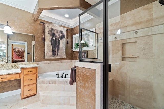 bathroom featuring crown molding, shower with separate bathtub, and vanity