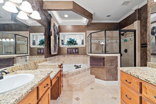 bathroom featuring independent shower and bath, vanity, a chandelier, and ornamental molding